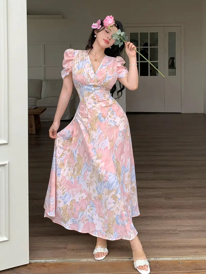 Elegant Floral Maxi Dress — A-Line Silhouette, Machine-Washable, Vacation-Ready