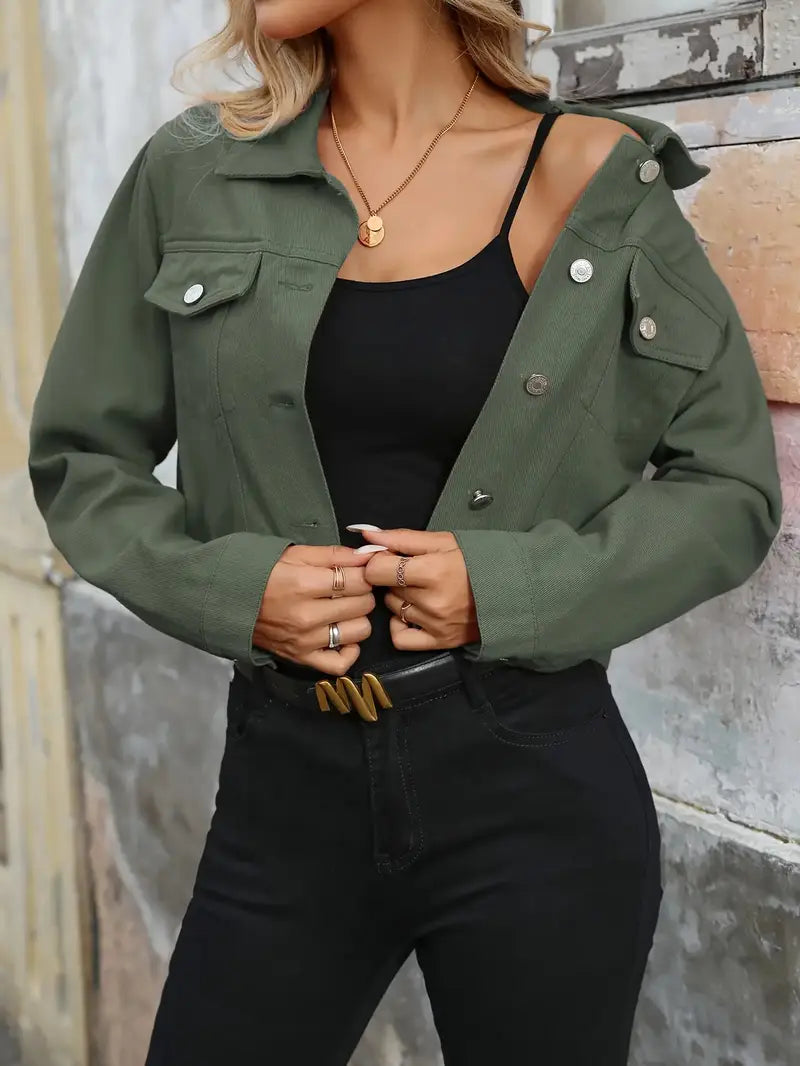 Women’s Olive Green Short Denim Jacket – Casual to Semi-Formal Layering Essential