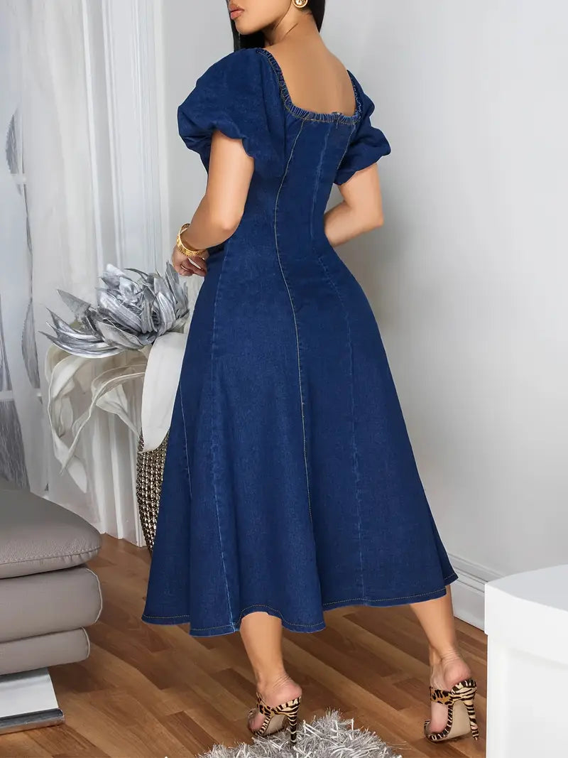 Off-Shoulder Navy Blue Bodycon Dress with Golden Accents – Elegant Stretch-Fit Evening & Cocktail Wear