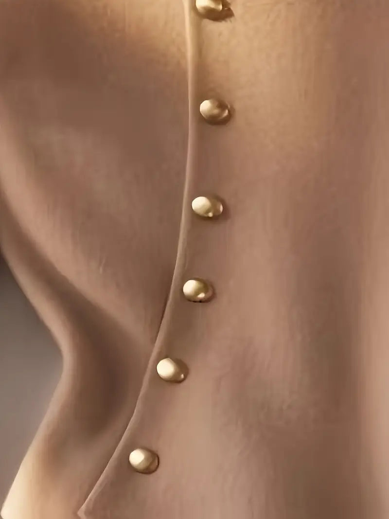 Women’s Elegant Beige Sweater – Soft Round Neck Pullover with Button Detailing