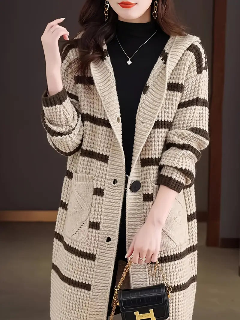 Chunky-Knit Striped Hooded Cardigan Pullover — Long Sleeve with Pockets, Cozy Fall/Winter Outerwear