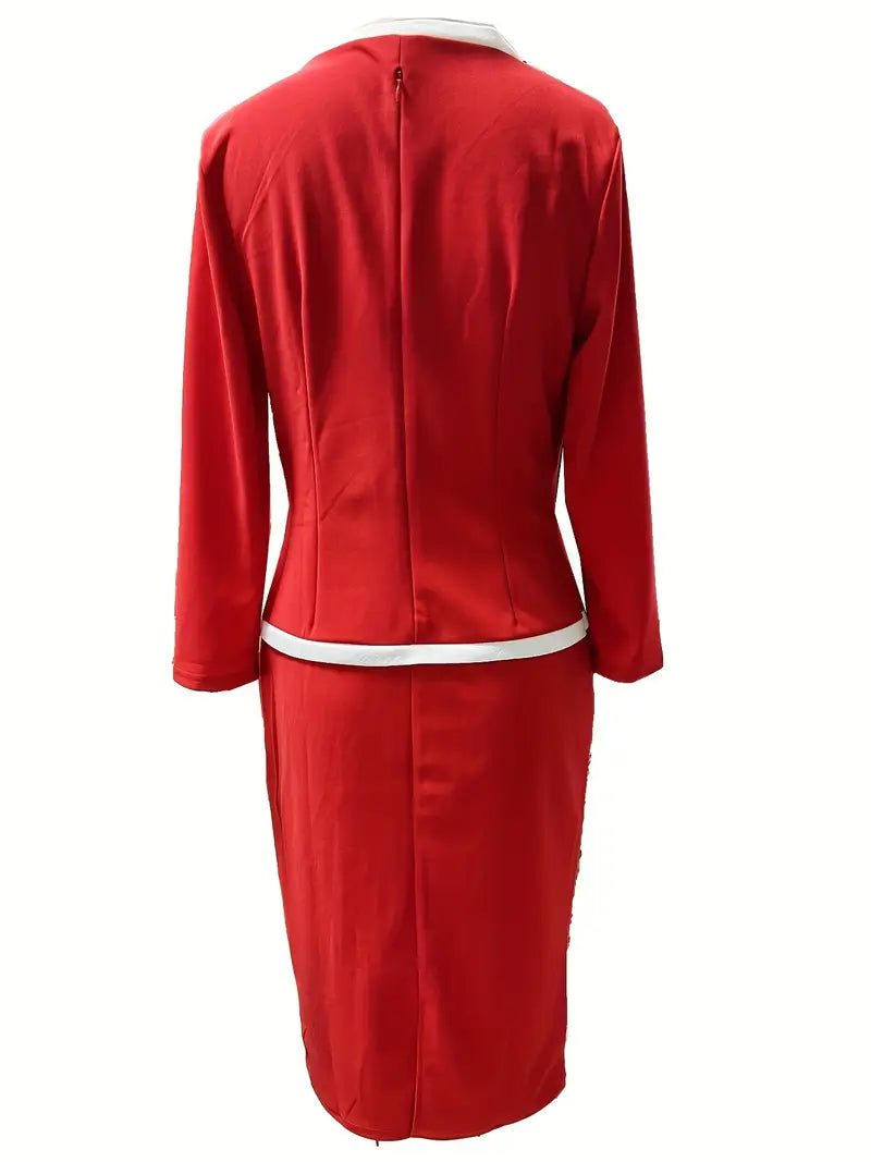 2-in-1 Contrast Trim Bodycon Dress – Elegant Long Sleeve Office & Formal Midi Dress for Modern Women