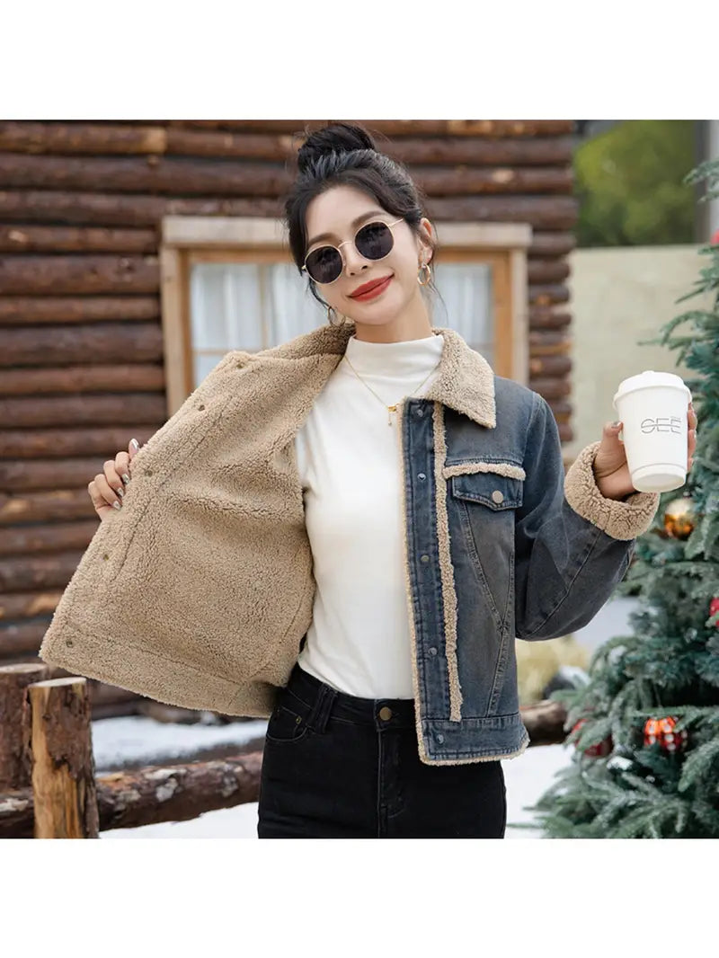 Oversized Retro Denim Jacket with Lamb Fleece Collar – Warm Winter Casual Outerwear for Women