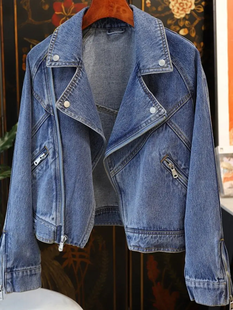 Motorcycle-Style Denim Jacket — Full Zip Lapel-Collar Winter Coat for Edgy Everyday Looks
