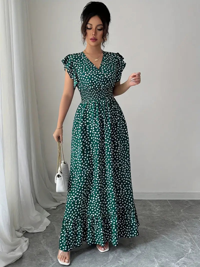 Polka Dot V-Neck Dress with Smocked & Ruched Detailing