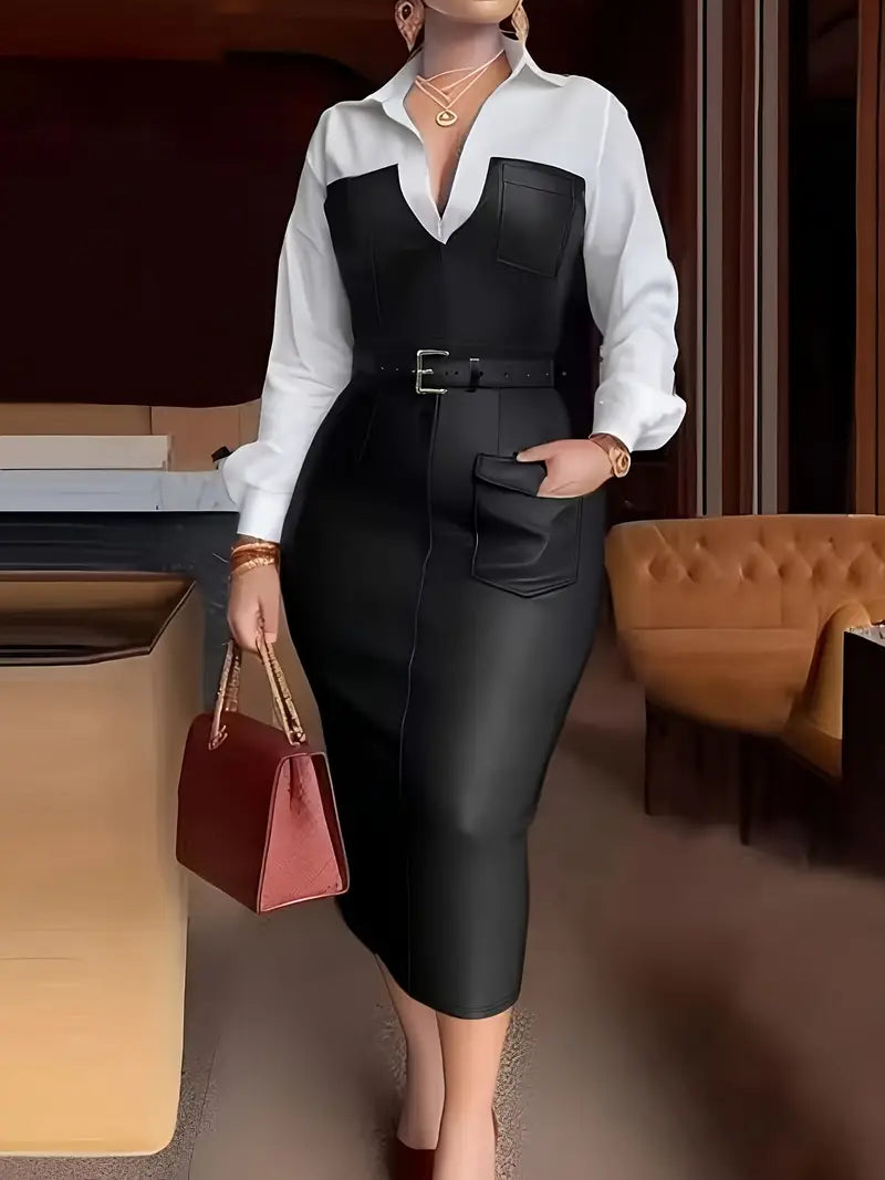 European-Inspired Color-Block Long-Sleeve Dress with Leather Belt — Elegant Commuter & Day-to-Night Silhouette