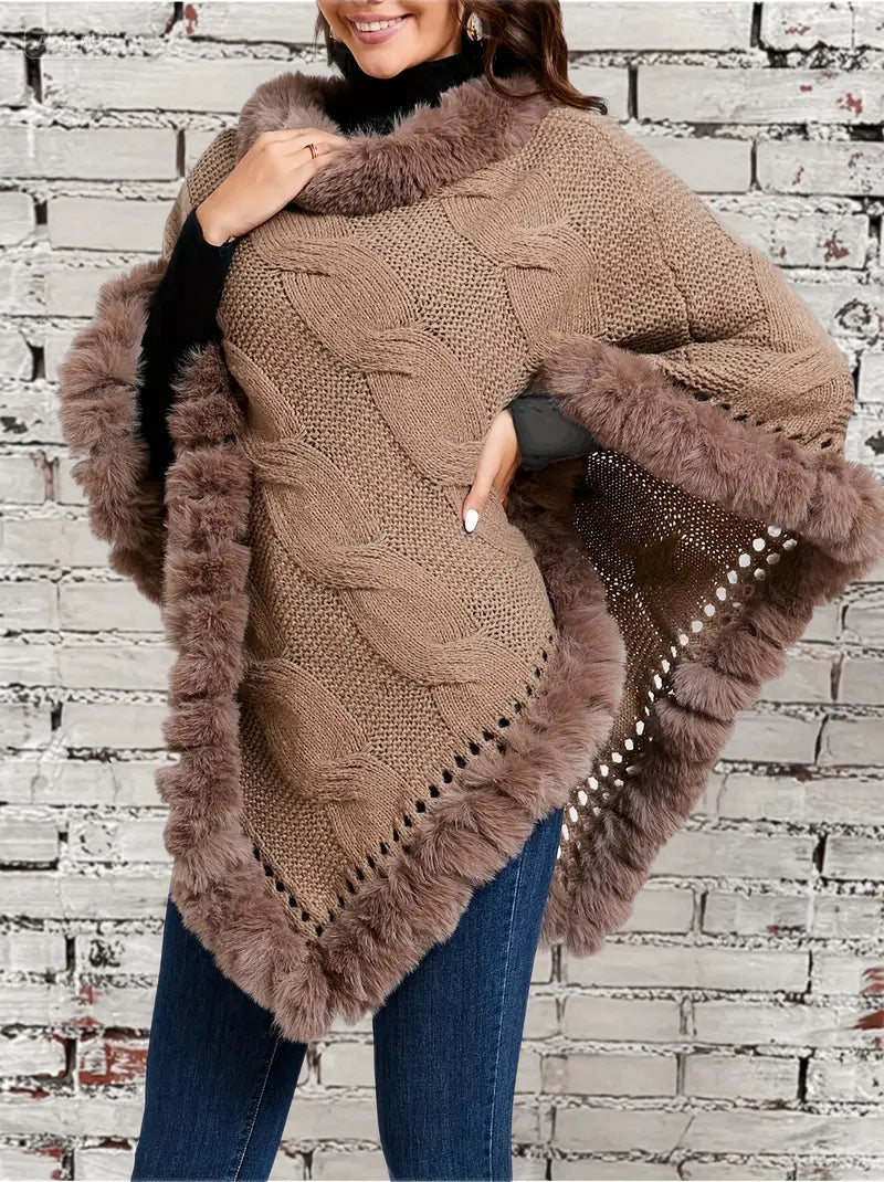 Women’s Elegant Crochet Pullover Sweater – 3-Layer Fur-Lined Knit, Solid Color, Warm Winter Design with Eyelet Details