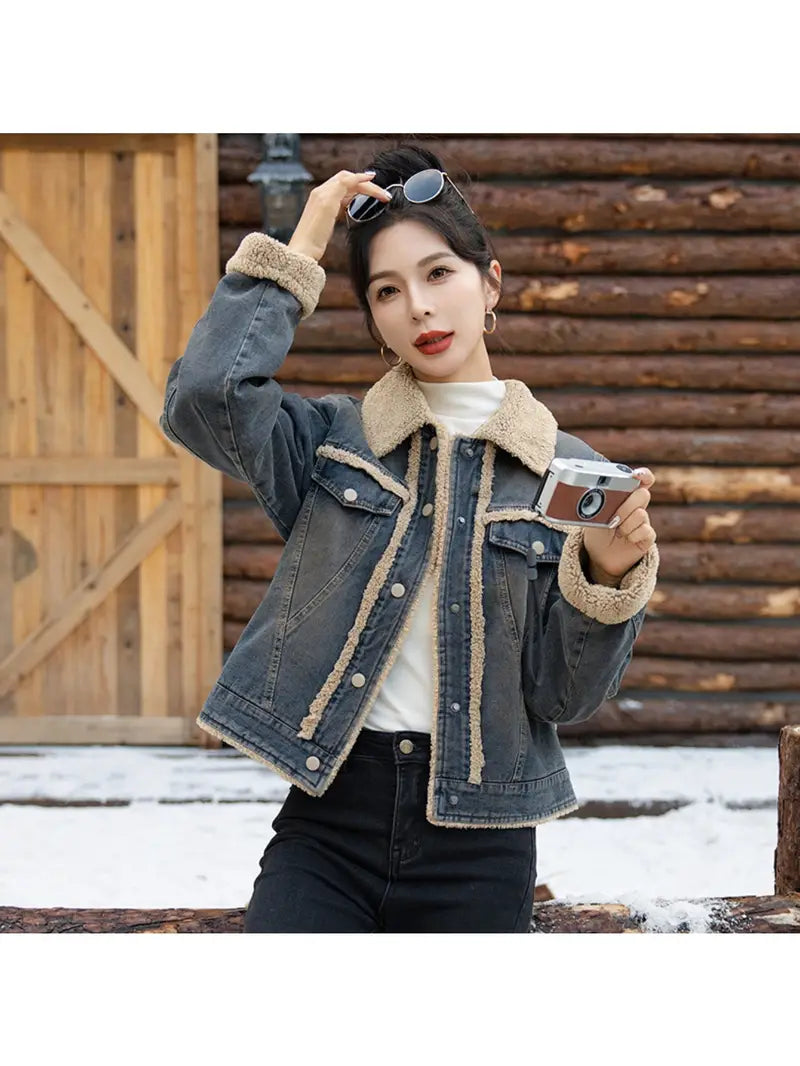 Oversized Retro Denim Jacket with Lamb Fleece Collar – Warm Winter Casual Outerwear for Women