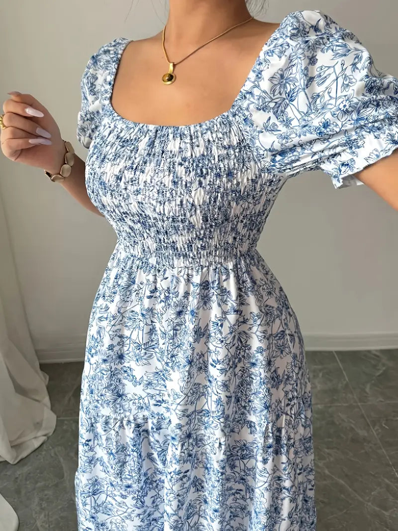 Elegant Floral Square Neck Dress – Light Blue