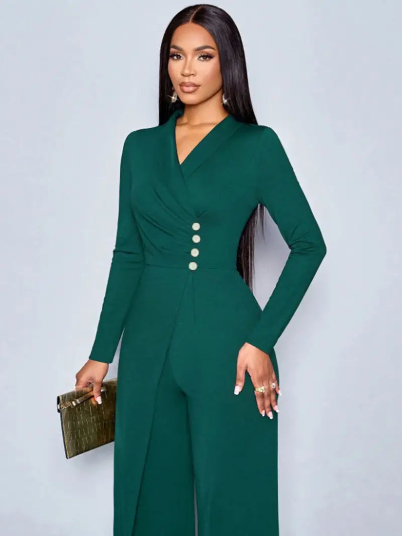 Elegant V-Neck Long-Sleeve Straight-Leg Jumpsuit for Spring & Autumn