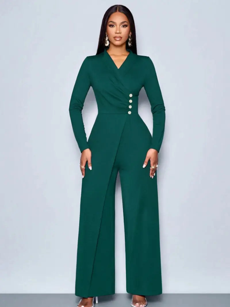 Elegant V-Neck Long-Sleeve Straight-Leg Jumpsuit for Spring & Autumn