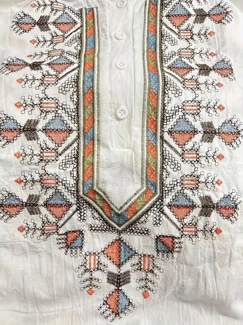 Women’s Vintage Embroidered Geometric Blouse – Long Sleeve, Loose Fit