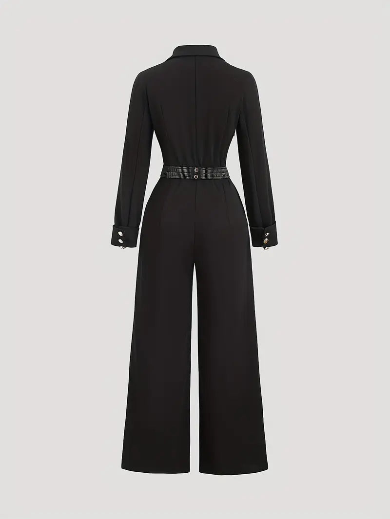 Elegant Black Double-Breasted Pantsuit – Sophisticated Wide-Leg Trouser Set for Office, Events & Evening Wear
