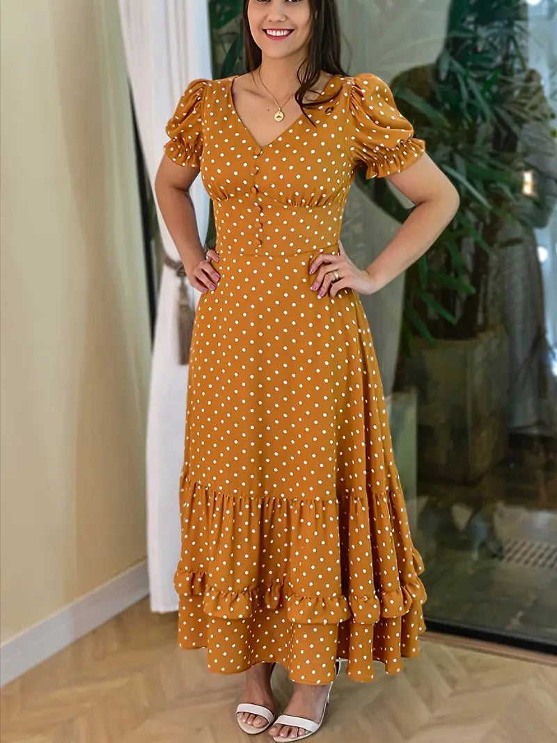 Elegant Polka Dot V-Neck Midi Dress — Ruffle Sleeves & Tiered Skirt