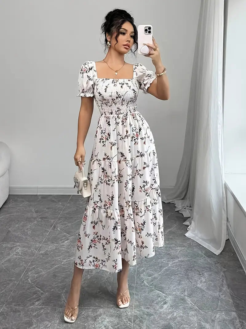 Elegant Floral Maxi Dress — Square Neck, Puff Sleeves & Flared Hem