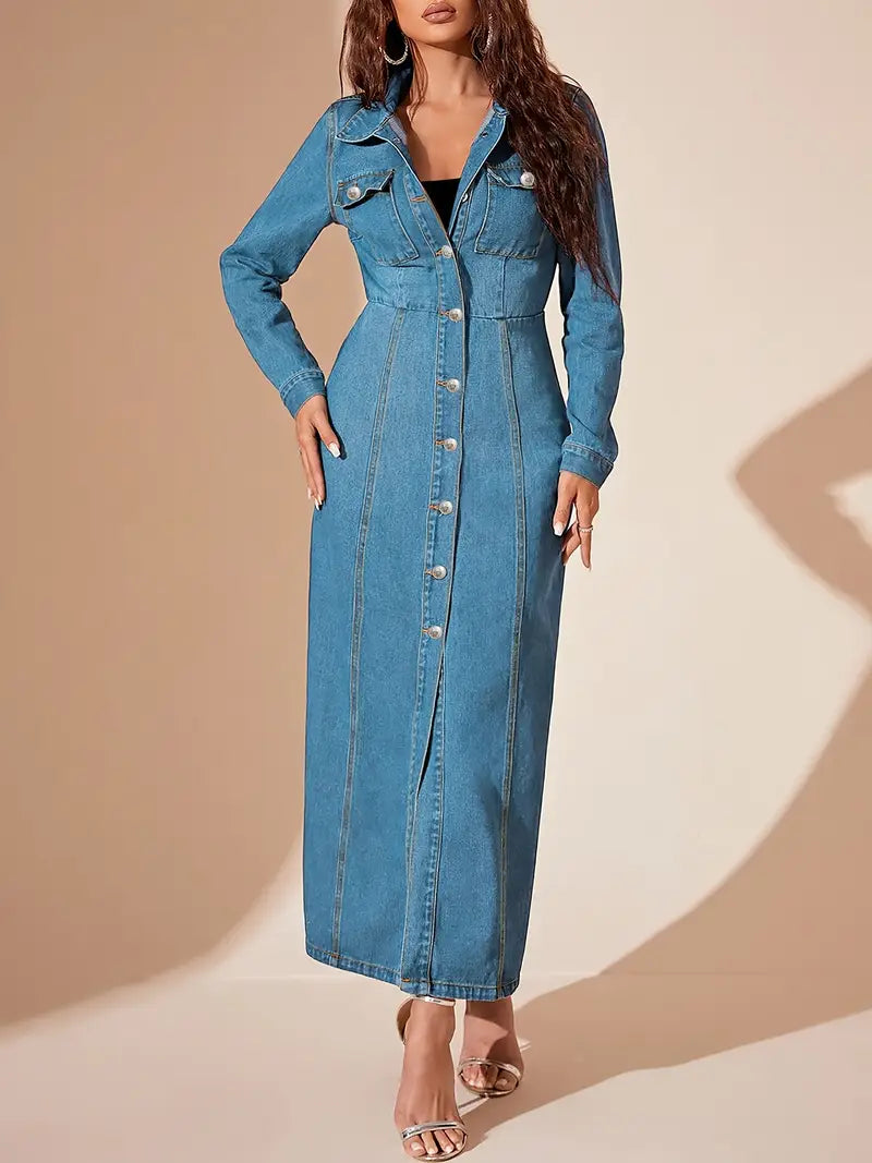 Classic Long Denim Coat – Elegant Button-Front Longline Jacket for Effortless Layering