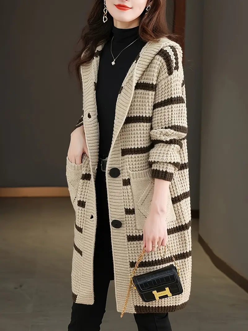 Chunky-Knit Striped Hooded Cardigan Pullover — Long Sleeve with Pockets, Cozy Fall/Winter Outerwear