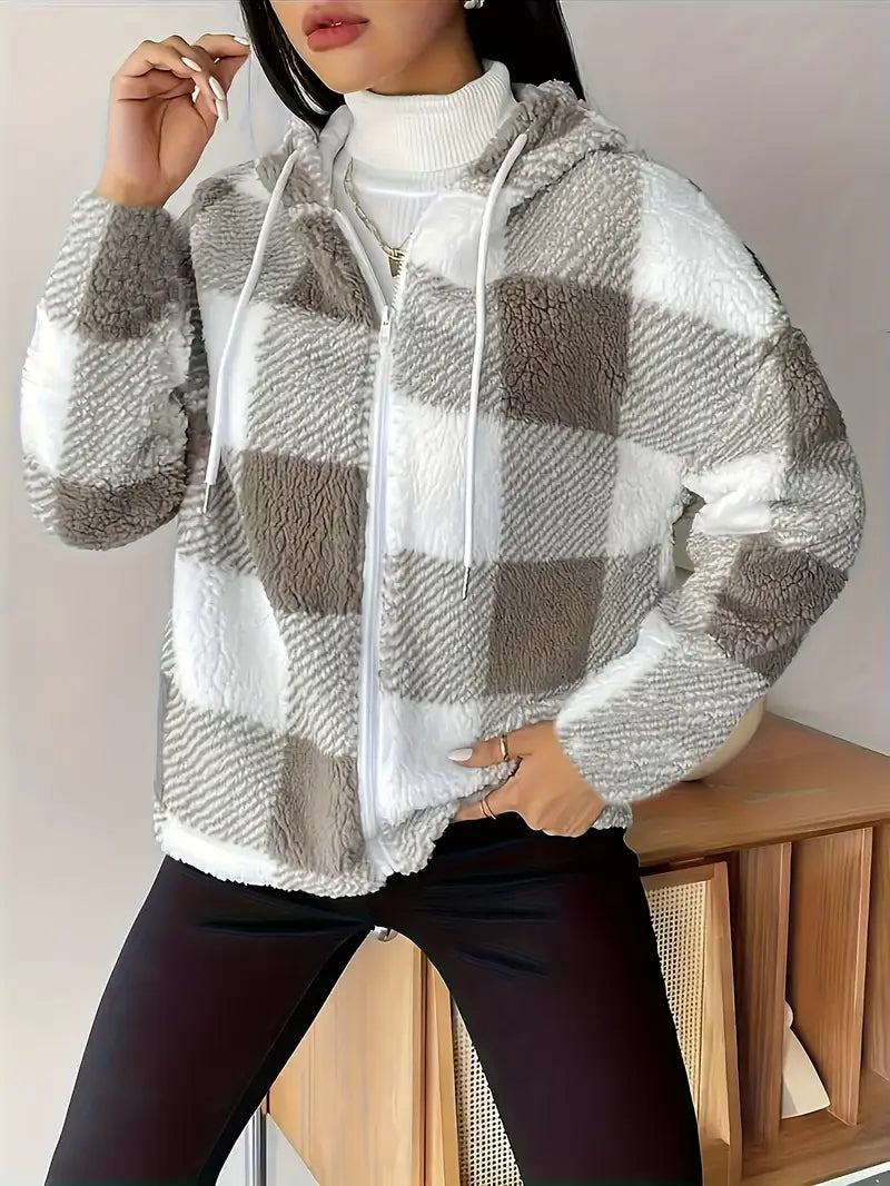 Elegant Checkered Plush Winter Coat — Beige & Brown Textured Outerwear for Fall and Winter