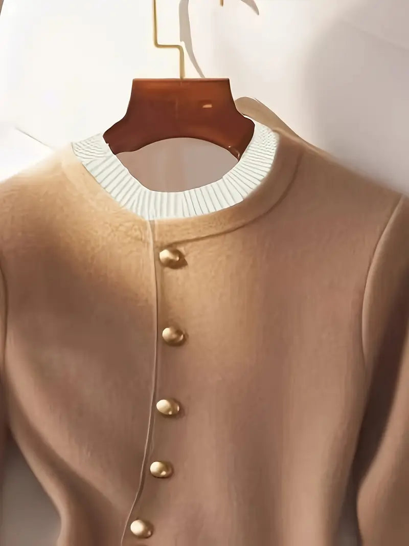 Women’s Elegant Beige Sweater – Soft Round Neck Pullover with Button Detailing