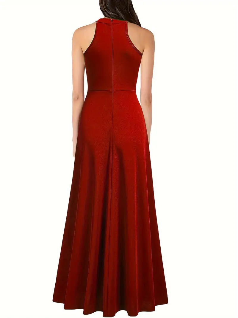 High-Waist Sleeveless Maxi Dress with Side Split – Elegant Crew Neck Formal & Party Wear