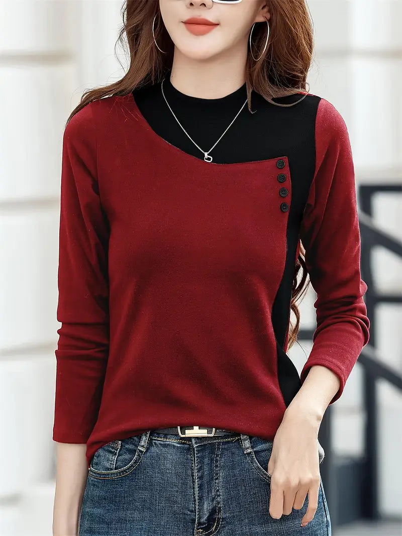 Elegant Long-Sleeve Button-Detail Top – Soft Stretch Knit, Round Neck, Solid Color