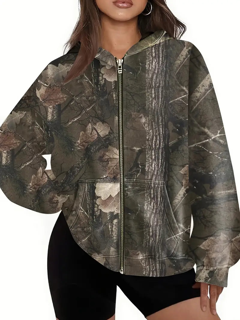 Women’s Camo Zip-Up Hoodie — Full-Print Outdoor Casual Sweatshirt