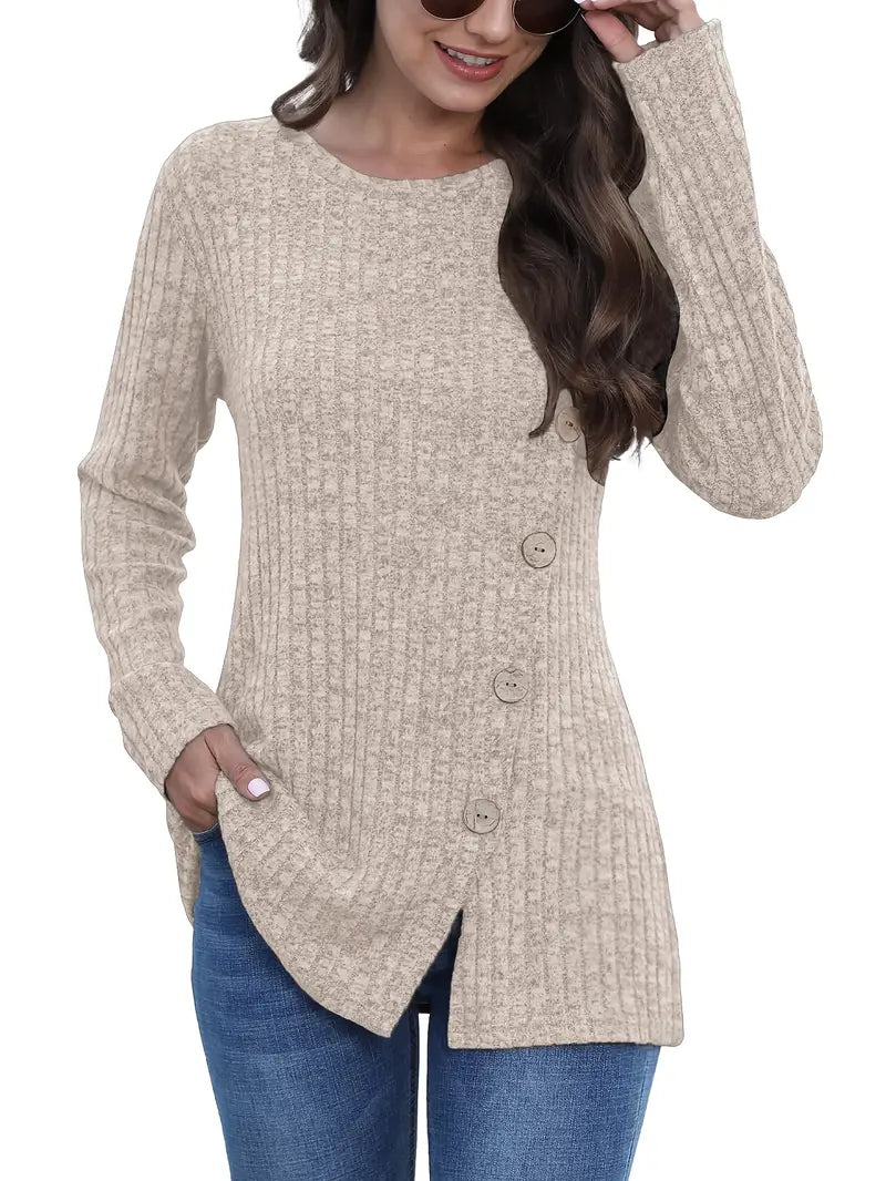 3-Piece Women’s Elegant Long-Sleeve Blouse & Lightweight Sweater Set – Solid Color, Button-Front, Round Neck, Versatile Layering Essentials