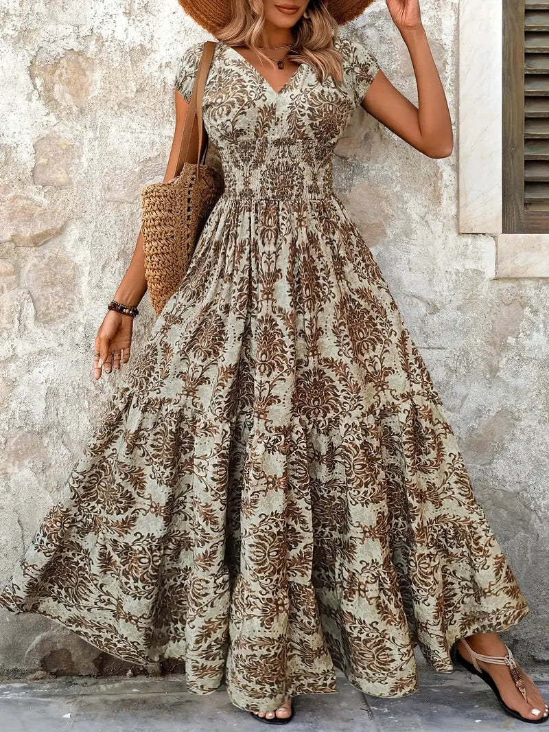 Elegant V-Neck Floral Maxi Dress – Green Summer A-Line Silhouette with Cinched Waist