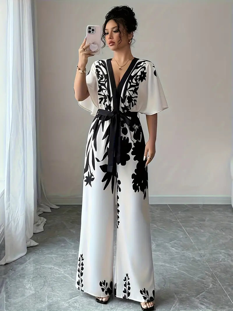 Floral Deep V-Neck Long-Sleeve Wide-Leg Jumpsuit with Belt – Vacation & Summer Elegance