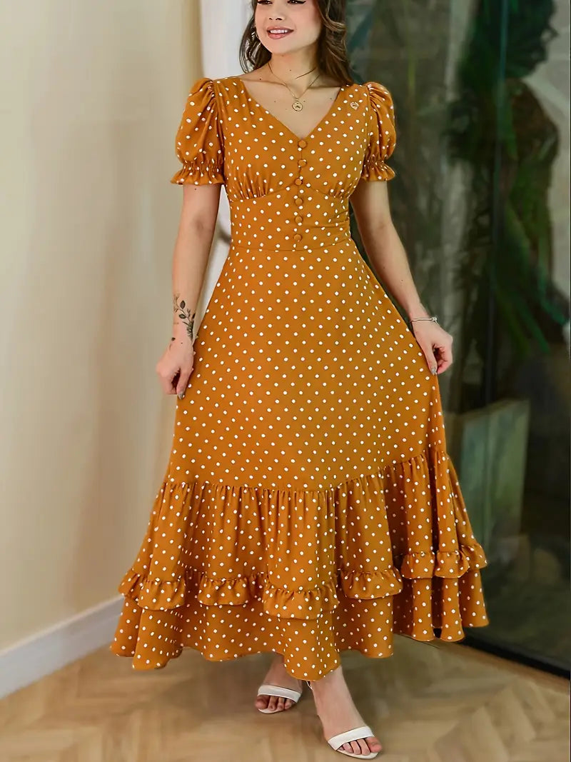 Elegant Polka Dot V-Neck Midi Dress — Ruffle Sleeves & Tiered Skirt