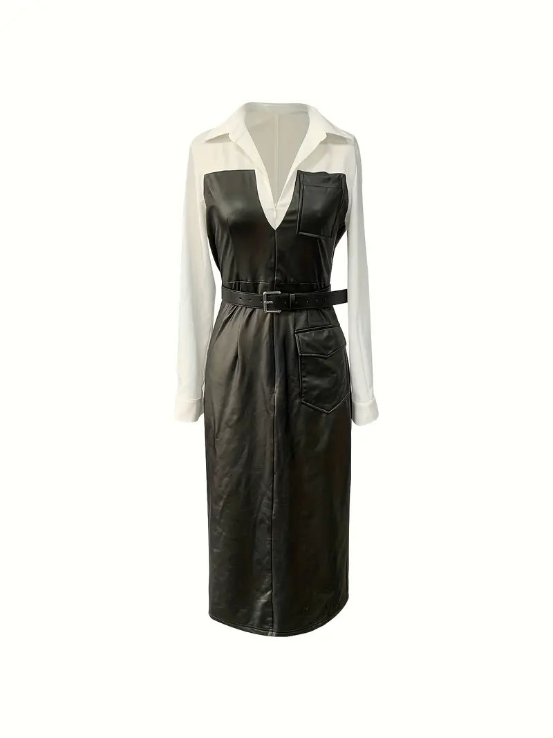 European-Inspired Color-Block Long-Sleeve Dress with Leather Belt — Elegant Commuter & Day-to-Night Silhouette