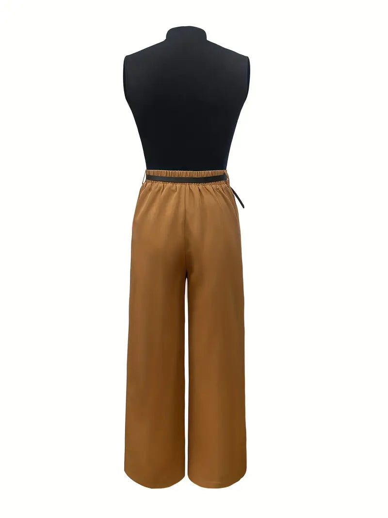 Summer Sleeveless Stand-Up Collar Top & High-Waist Belted Pant Set — Lightweight 2-Piece Outfit for Elegant Warm-Weather Wear