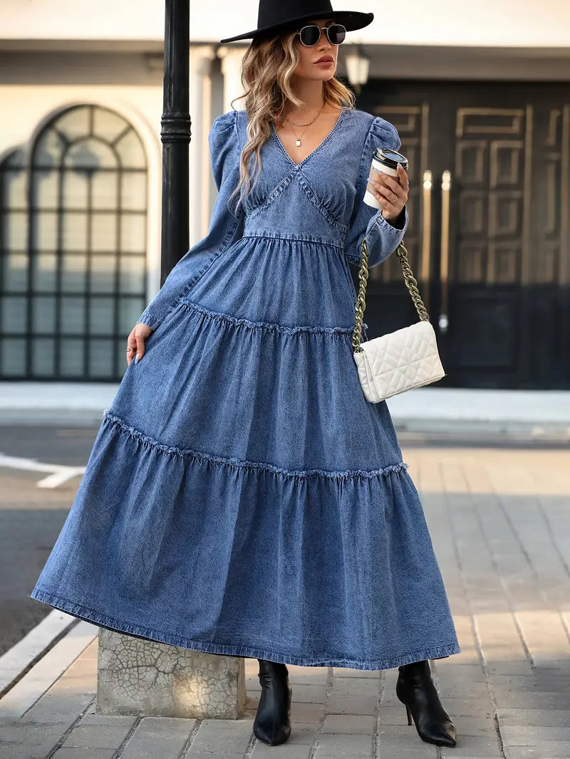 Vintage-Inspired European Denim Maxi Dress with Puffed Sleeves & Multi-Layered A-Line Cake Skirt – Graceful Elegance for Every Occasion