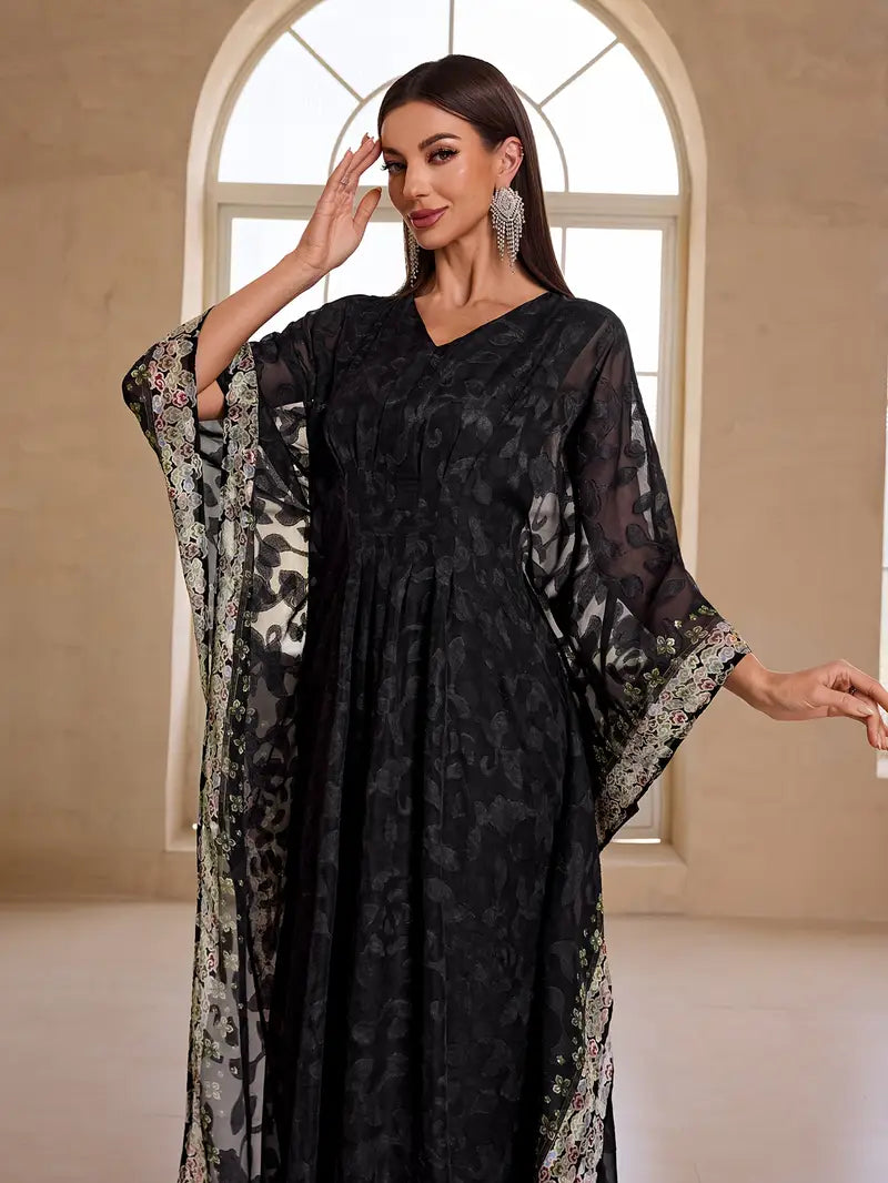 Elegant Cloud-Print Chiffon Two-Piece Party Set – Flowing V-Neck Top & Coordinated Skirt for Special Occasions