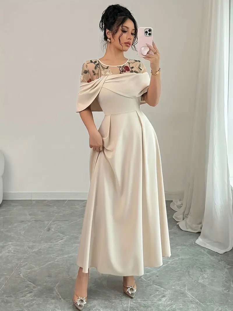 Elegant Beige A-Line Dress with Cinched Waist & Flared Skirt