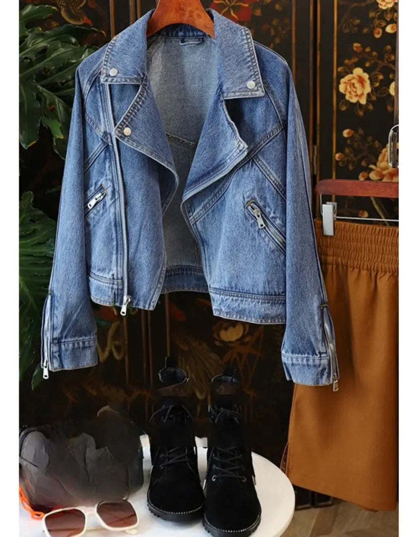 Motorcycle-Style Denim Jacket — Full Zip Lapel-Collar Winter Coat for Edgy Everyday Looks