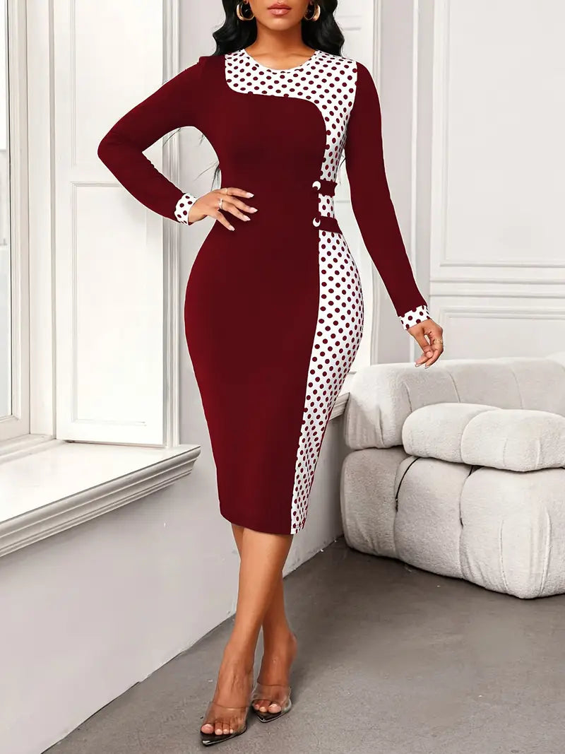 Elegant Polka Dot Bodycon Midi Dress with Button Detailing – Long Sleeve Knit Dress for Effortless Sophistication