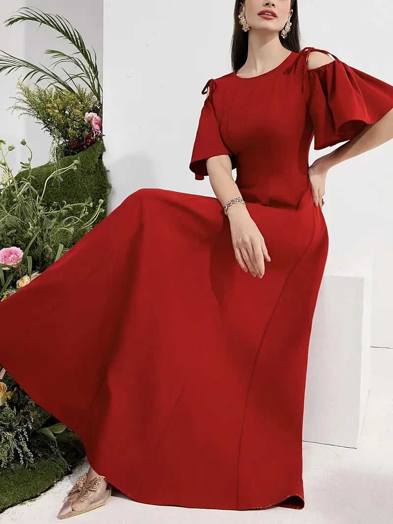 Vibrant Red A-Line Midi Dress with Round Neck & Puff Sleeves – Polyester Blend for Casual & Formal Elegance