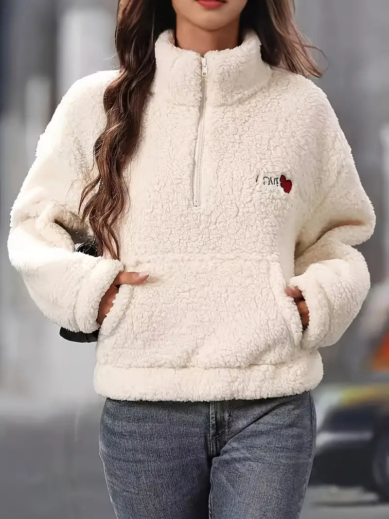 Embroidered Sherpa Fleece Half-Zip Sweatshirt — Cozy Stand-Collar Winter Essential