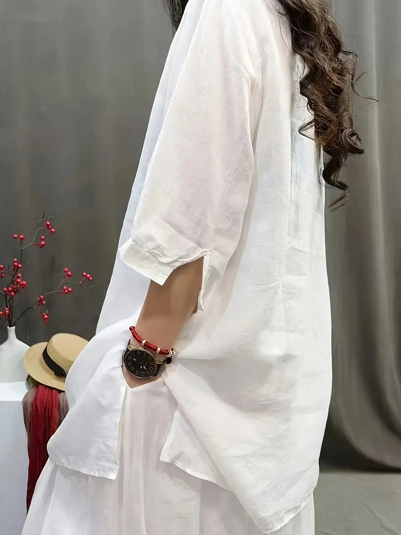 Women’s Vintage Embroidered Geometric Blouse – Long Sleeve, Loose Fit