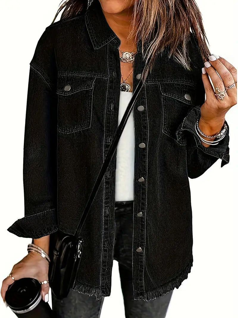 Oversized Fringe-Hem Denim Jacket – Western-Inspired Casual Outerwear for Women