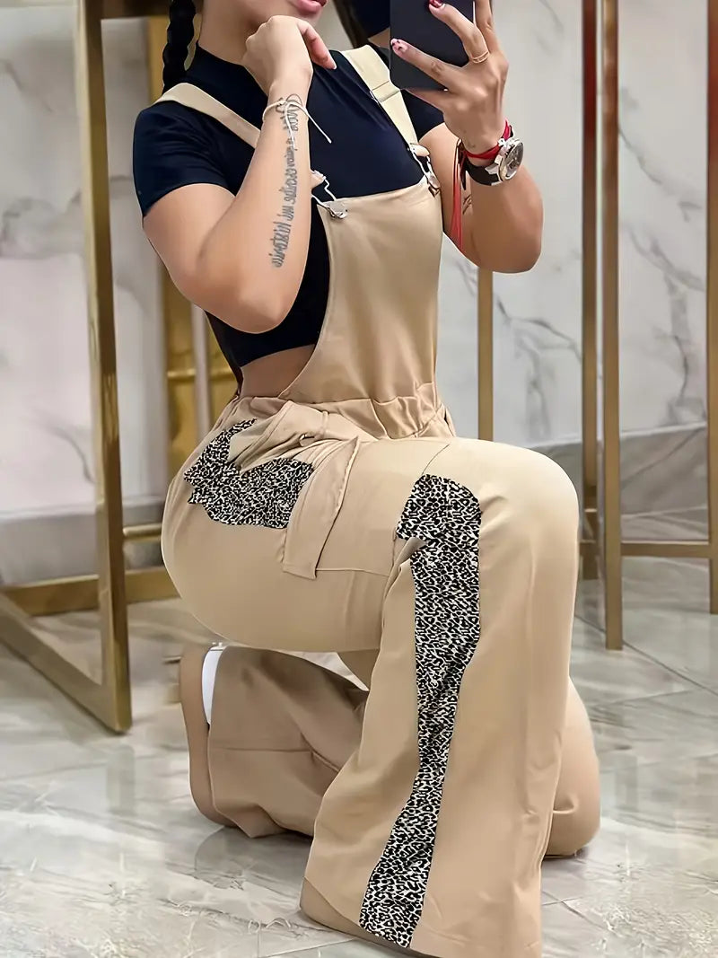 Beige Wide-Leg Harem Pants with Adjustable Straps and Pockets