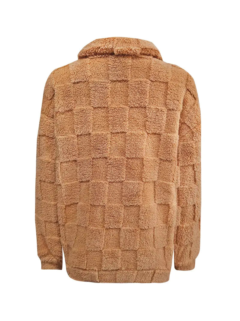 Elegant Double-Sided Fleece Zip-Up Sweatshirt – Checkered Winter Comfort Pullover