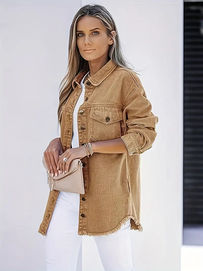 Oversized Fringe-Hem Denim Jacket – Western-Inspired Casual Outerwear for Women
