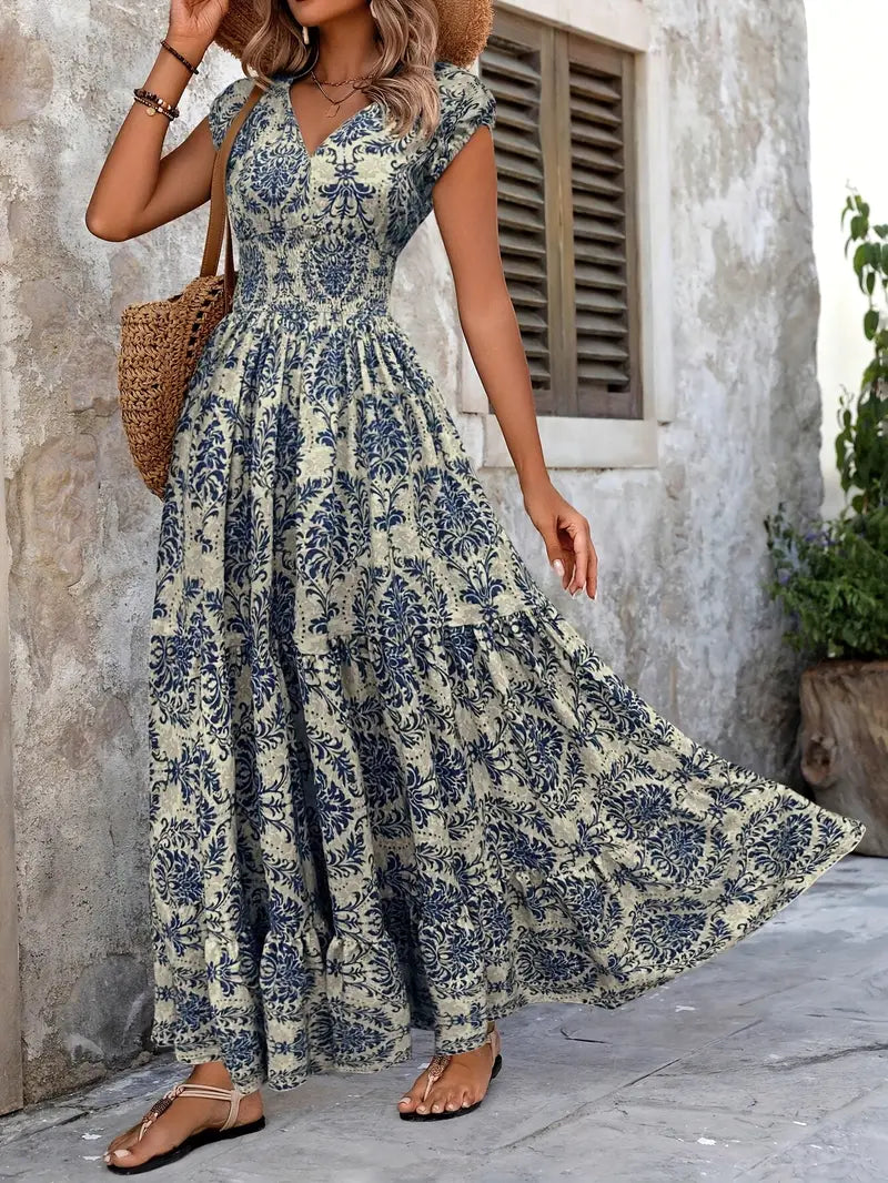 Elegant V-Neck Floral Maxi Dress – Green Summer A-Line Silhouette with Cinched Waist