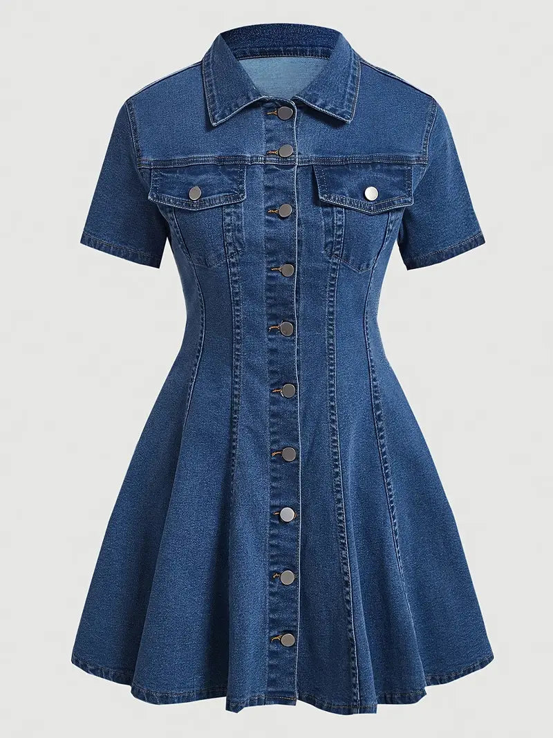 High-Stretch Denim-Look Button-Front Midi Dress – Elegant, Versatile & Non-See-Through