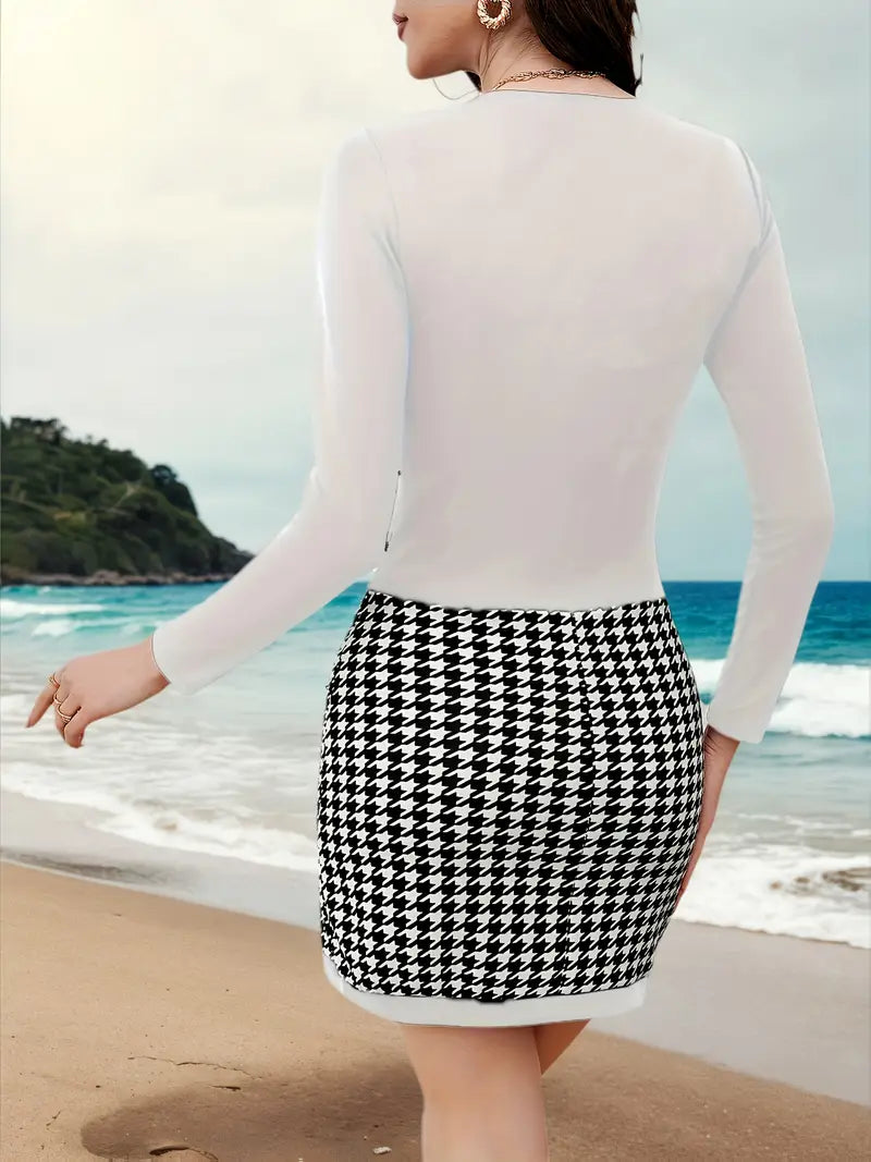 Women’s V-Neck Bodycon Dress with Contrast Trim – Elegant Long-Sleeve Solid Color Style