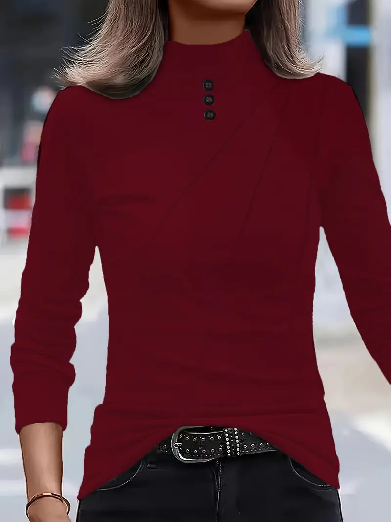 Elegant Long-Sleeve High-Neck Top with Decorative Buttons