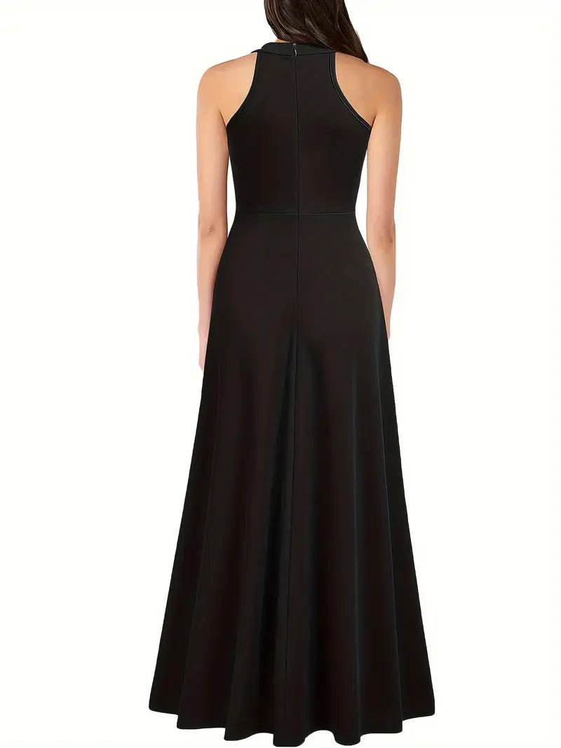 High-Waist Sleeveless Maxi Dress with Side Split – Elegant Crew Neck Formal & Party Wear