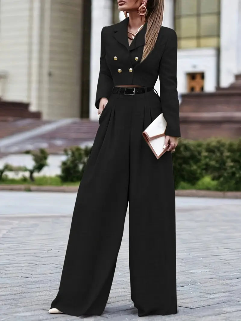 Elegant Double-Breasted Two-Piece Suit with Wide-Leg High-Waist Pants & Accessory Bag — Refined Power Ensemble for Modern Women